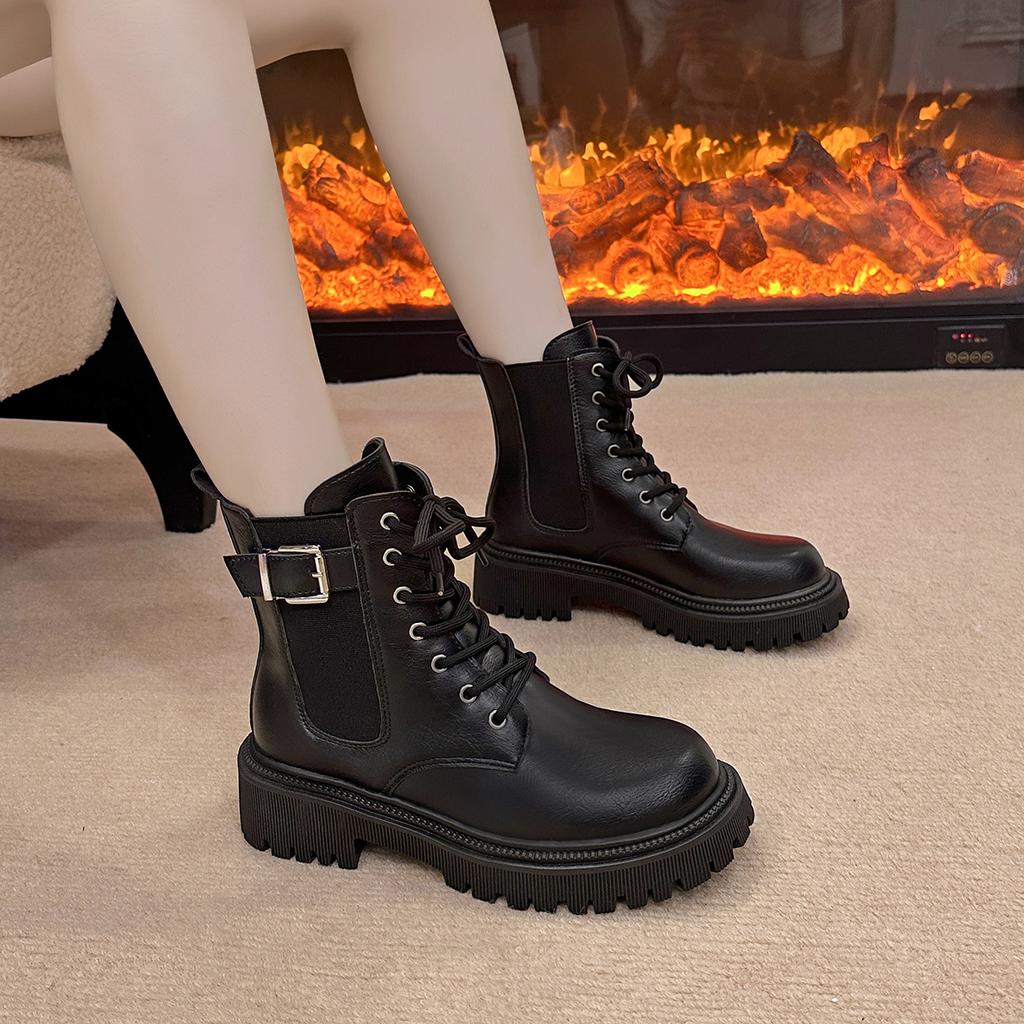Schwarze Übergrößen Schuhe für Damen 35-42 Herbst Winter Schnür-Plateau Quadratische Absätze Bequeme Runde Zehenpartie Damen Stiefeletten