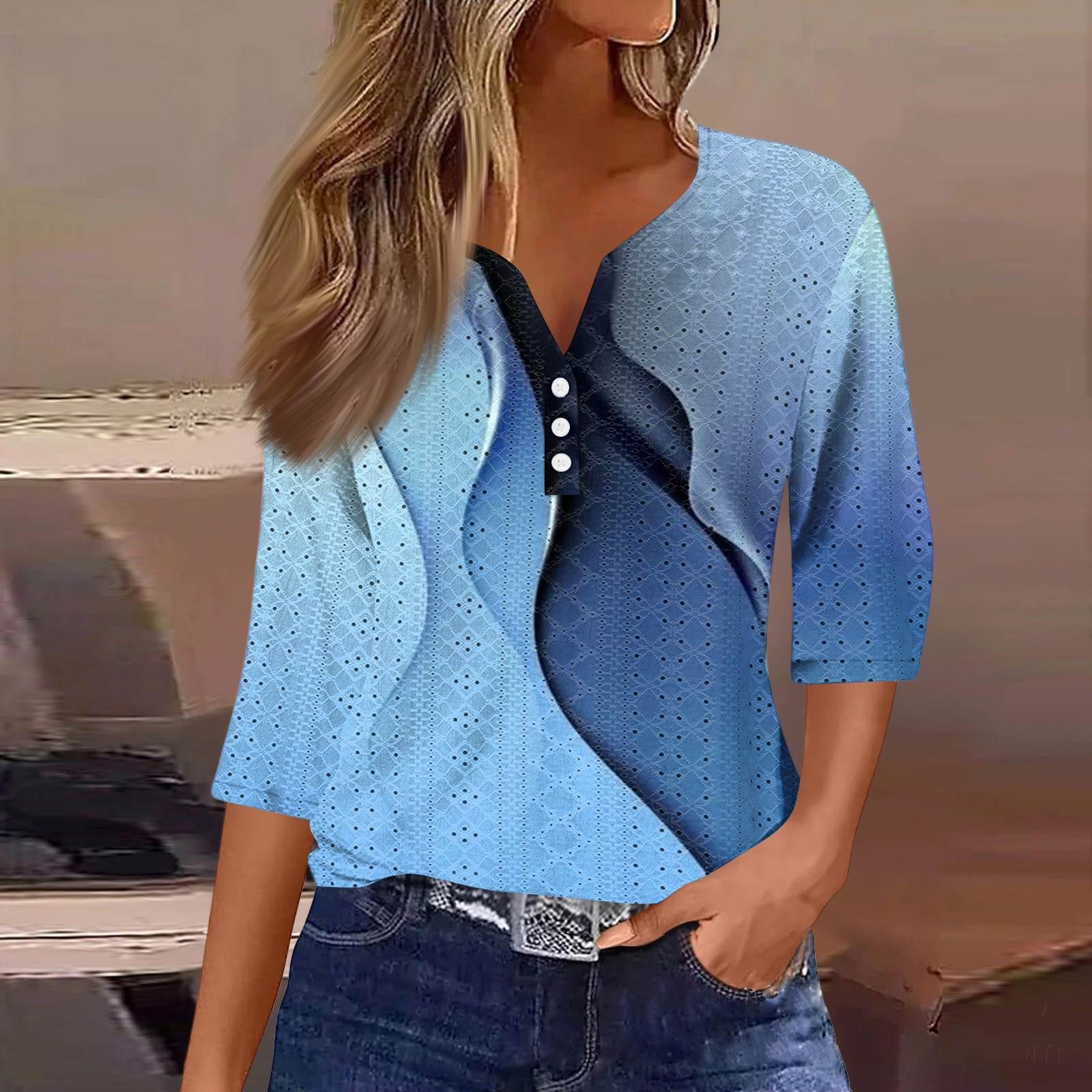 

Women s Fashion V-Neck Button Seven Sleeve T-Shirt Casual Geometric Splicing Printed Top XXL