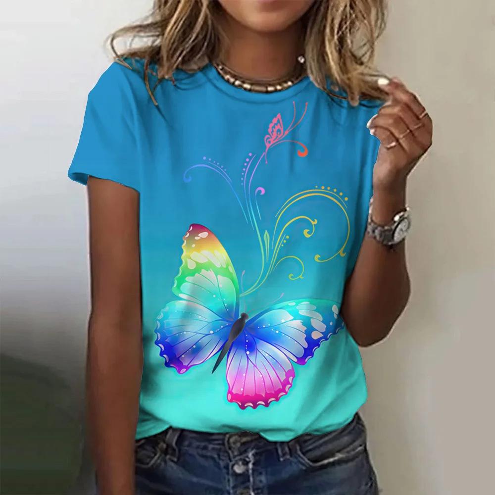 Butterfly and Flower Pattern 3D Digital Printing Women's Fashion Round Neck Short Sleeve T-shirt