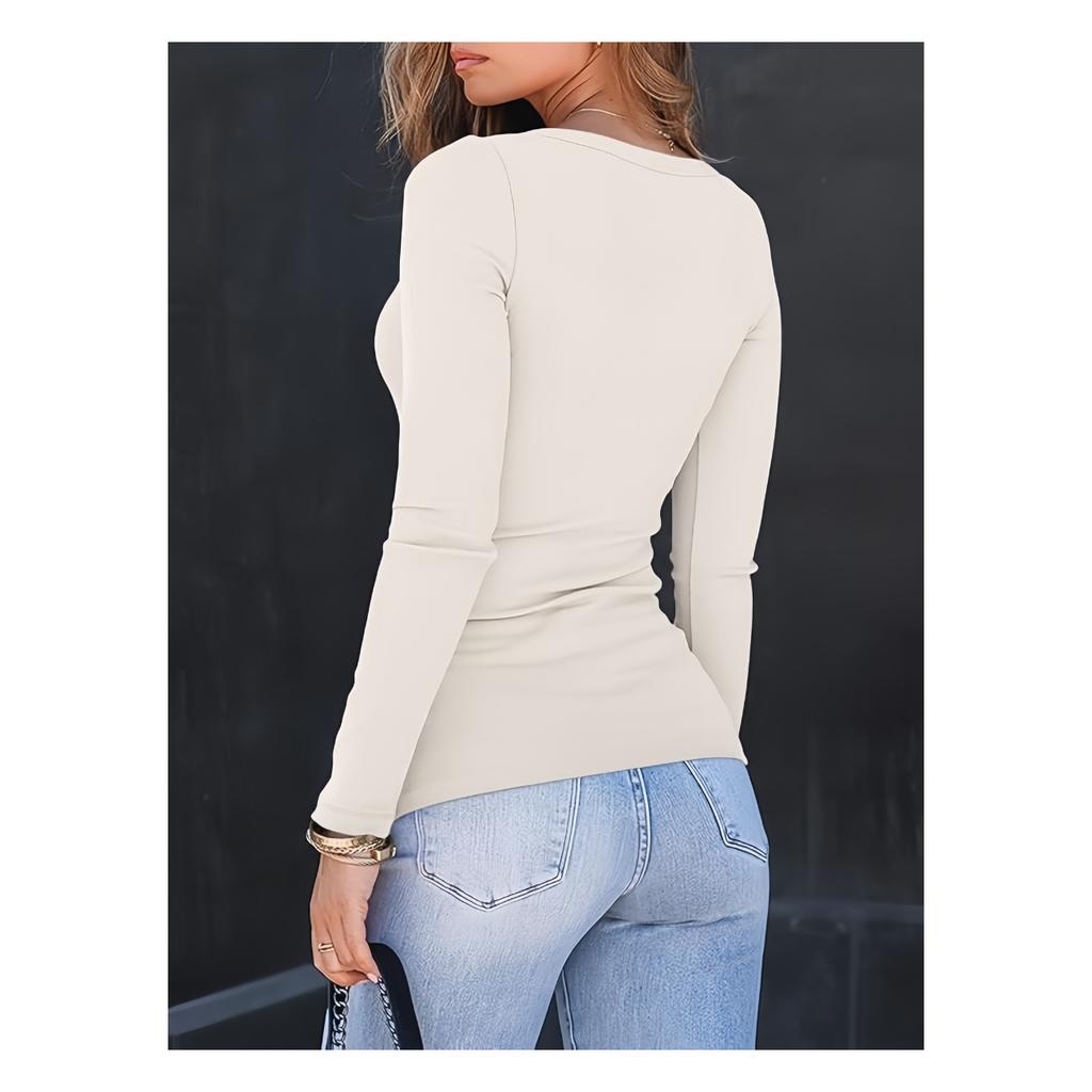 Top da Donna a Coste con Scollo Quadrato, Maglietta Base a Manica Lunga Slim Fit per Autunno Inverno Primavera, Crop Top Casual
