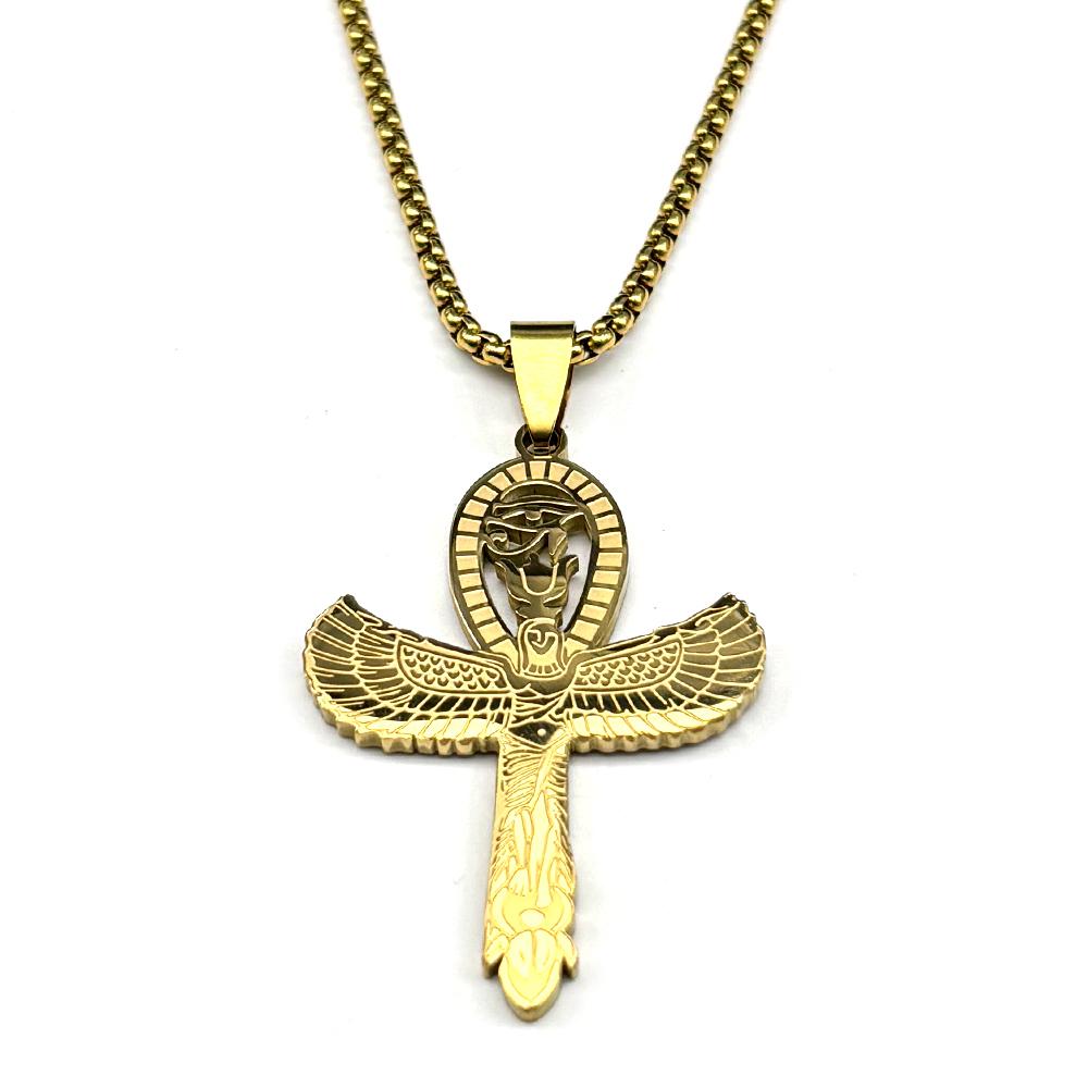 Ägyptisches Auge des Ra Horus Symbol Ankh Kreuz Anhänger Halskette für Frauen Männer Edelstahl Goldfarbe Flügel Skarabäus Kette Schmuck