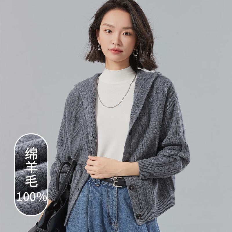 Snowforte Women's 100% Merino Wool Hooded Cable Knit Cardigan