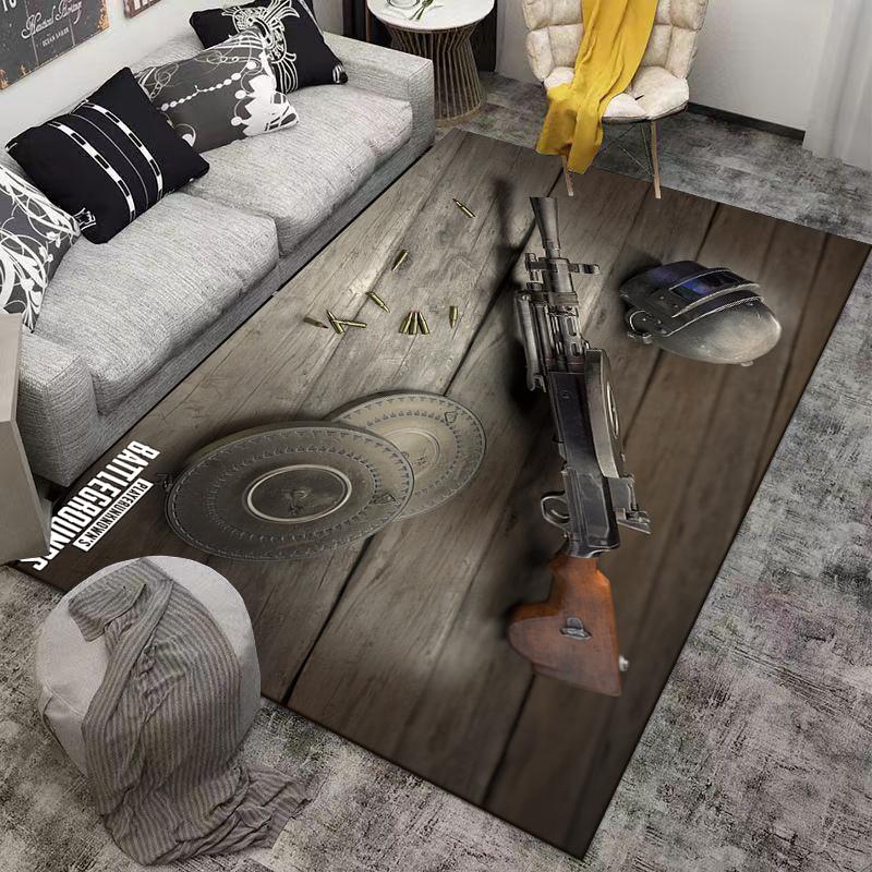 Battle Gear Rug with Gun and Helmets Design Suitable for use as an anti-slip game mat for living room and bedroom sofas