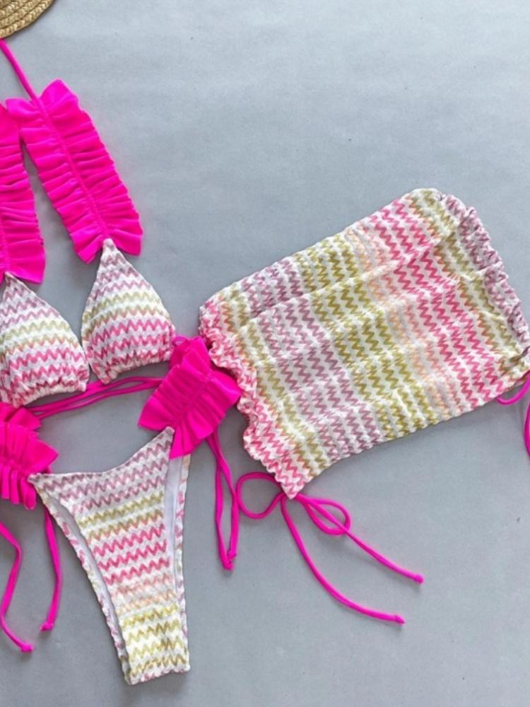 

Женский купальник из 3 предметов, 2024, женский купальник, сексуальная пляжная одежда, купальный костюм, комплект бикини, юбка, зигзагообразный бикини L