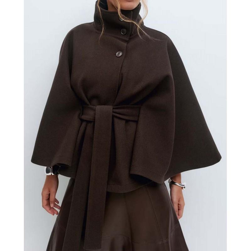 Womens Solid Color Stand Collar Wool Blend Coat Button Belted Casual Overcoat