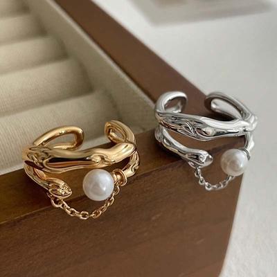 Fashion Zinc Alloy Color Pearl Chain Cuff Ring For Women Couples Simple Metal Double-Layer Adjustable Ring Bride Zircon Gifts