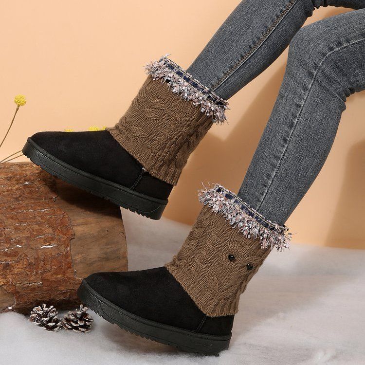 Fleece Warm Comfortable Versatile Fashion Casual Women's Shoes 2025 Autumn and Winter New Lace Buckle Knitted Snow Boots Women