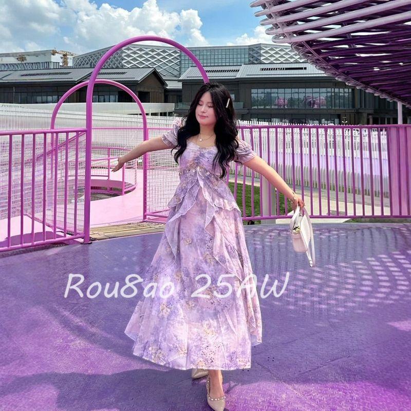 

Rou8Ao Plus-Size Women s French Romantic Style Puff Sleeve Dress for Women 2026 Summer Fairy Holiday Style Smoky Purple Dress M