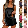 Women Satin Pajama Set Sleeveless Ruffled Strap Camisole and Elastic Waist Shorts Loungewear Sleepwear Set for Home Use