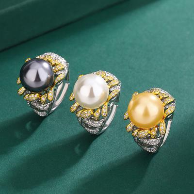 Jewelry Imitation Natural Pearl Ring French Flower Diamond Crystal Pearl Index Finger Ring Yellow Shell Bead Ring