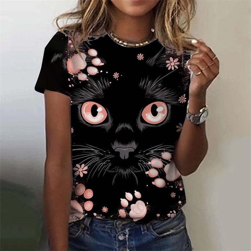 Women's T-shirt with Cute Cat Pattern 3D Printed for Girls, Summer Casual and Fashionable Women's Short Sleeved Oversized T-shirt