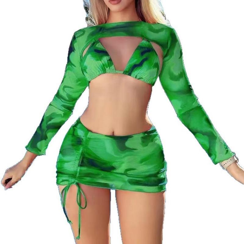 New European and American Tie-dye Bikini 4-piece Swimsuit Women's Long-sleeved Blouse Beach Bikini Swimsuit
