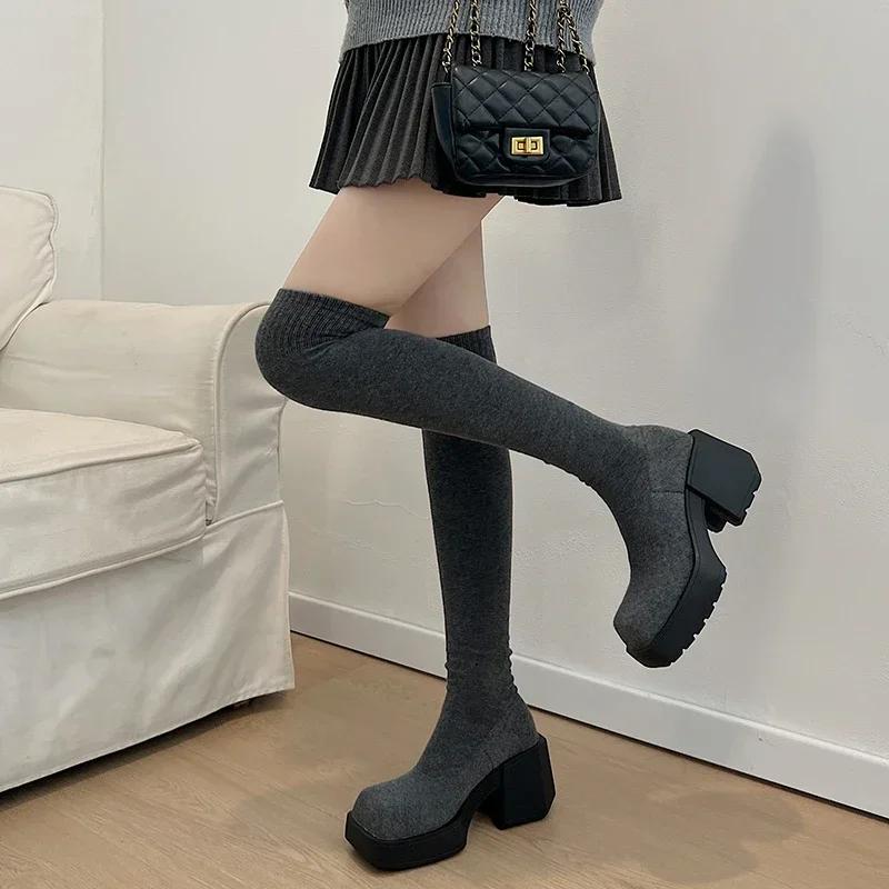 High Quality Women's Knee High Boots 2024 Fashionable Stretch Fabric Modern Matching Boots Round Toe Slip on Boots for Women