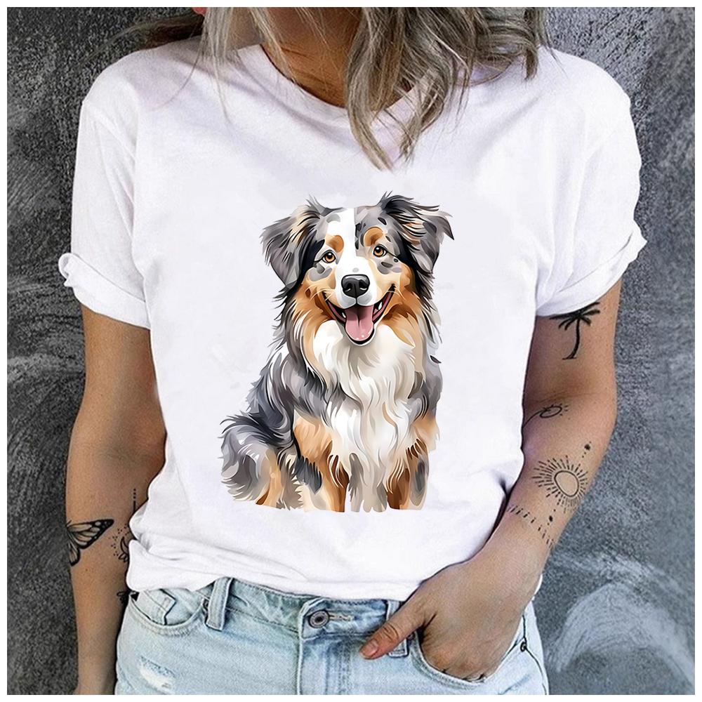 Unisex 100% Polyester Summer Top Watercolor Hand-drawn Shepherd Dog Print Loose Round Neck Short Sleeve Fashion for Lovers
