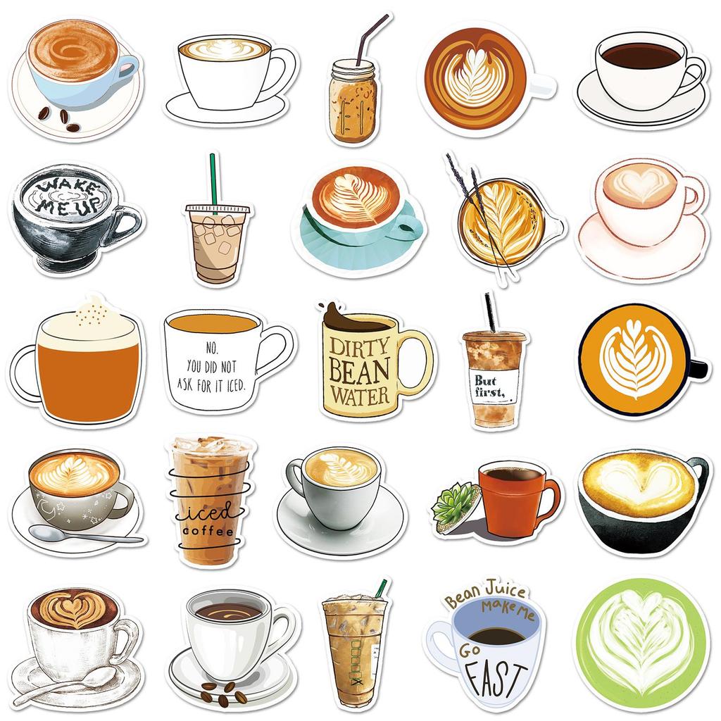 50 Cartoon Coffee DIY Graffiti Stickers for Journals, Scooters, Laptops, Cars