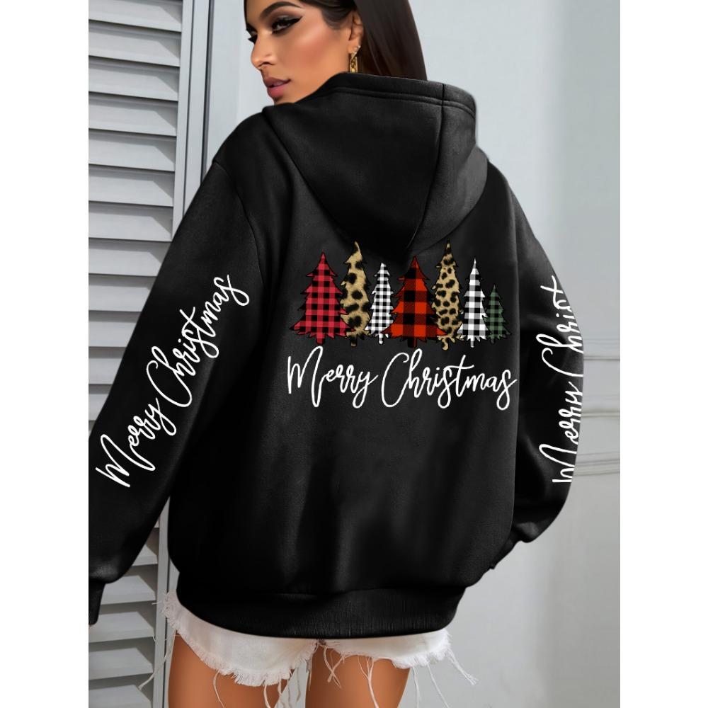 Merry Christmas Leopard Plaid Trees Prints Women Hoodies Loose Hoody All-Match Pocket Pullovers Autumn Hip Hop Streetwear