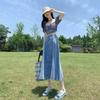 Women's 2024 Autumn Pleated Denim Midi Skirt – High Waist A-Line Umbrella Design