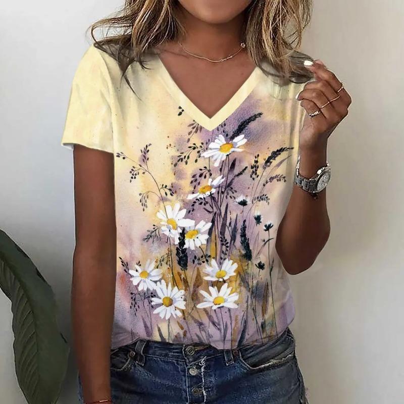 Fashion Sunflower Floral 3D Print T Shirt Summer Women V-Neck T-shirts Harajuku Streetwear Y2k Tees Top Woman Clothing Shirt