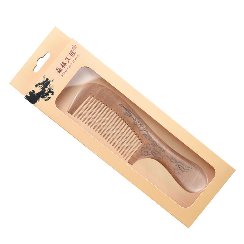 Peach Wood Carved Comb with Fine and Medium Teeth - Handleless, Floral Design