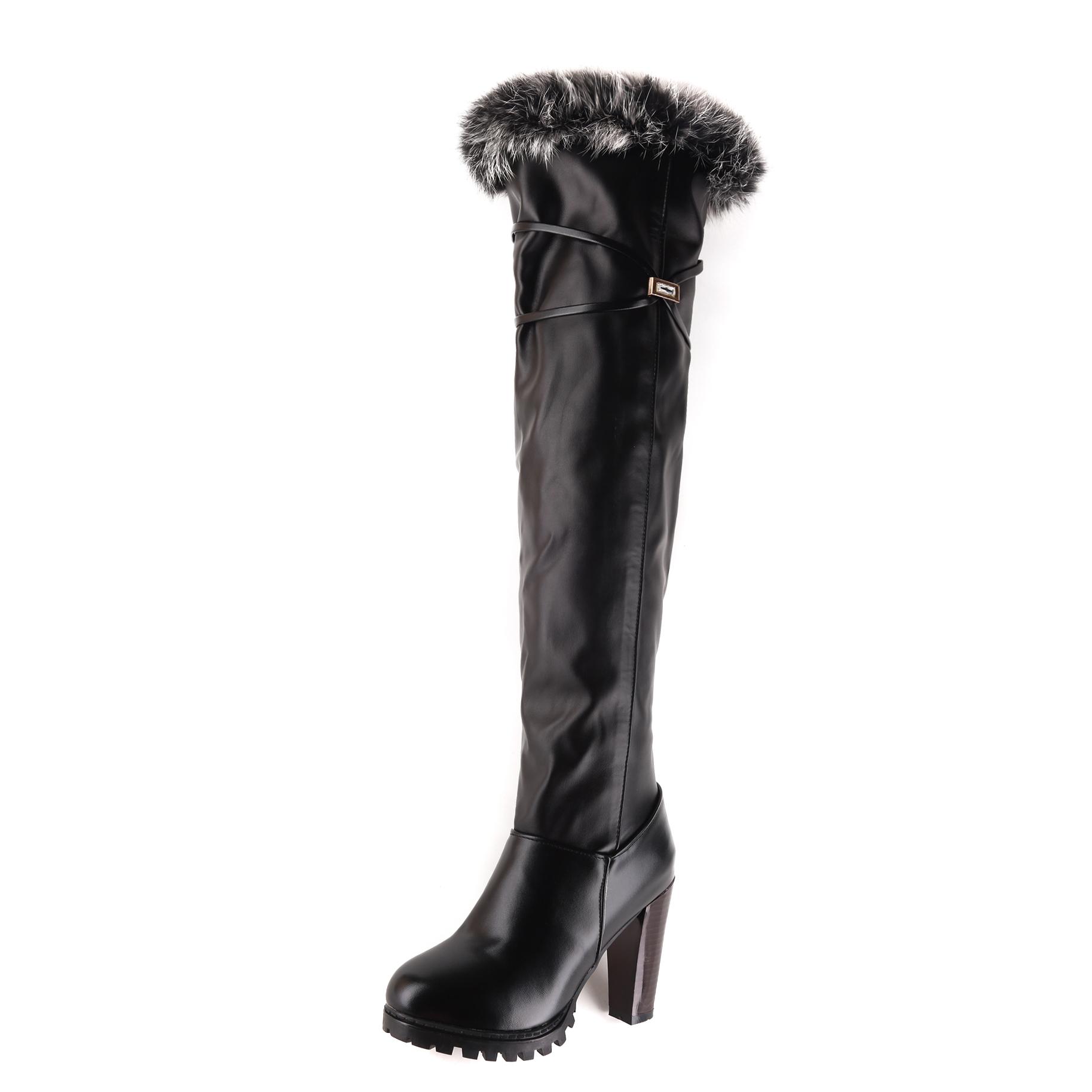 

Женские сапоги на высоком каблуке для осени и зимы, однотонные, толстый каблук, большие размеры, сапоги из меха кролика 35 чёрный