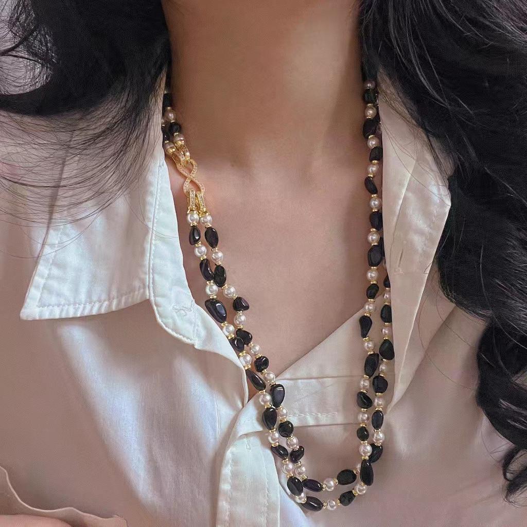 Vintage Natural Black Agate Artificial Pearl Contrasting Color Double Layer Sweater Chain Necklace