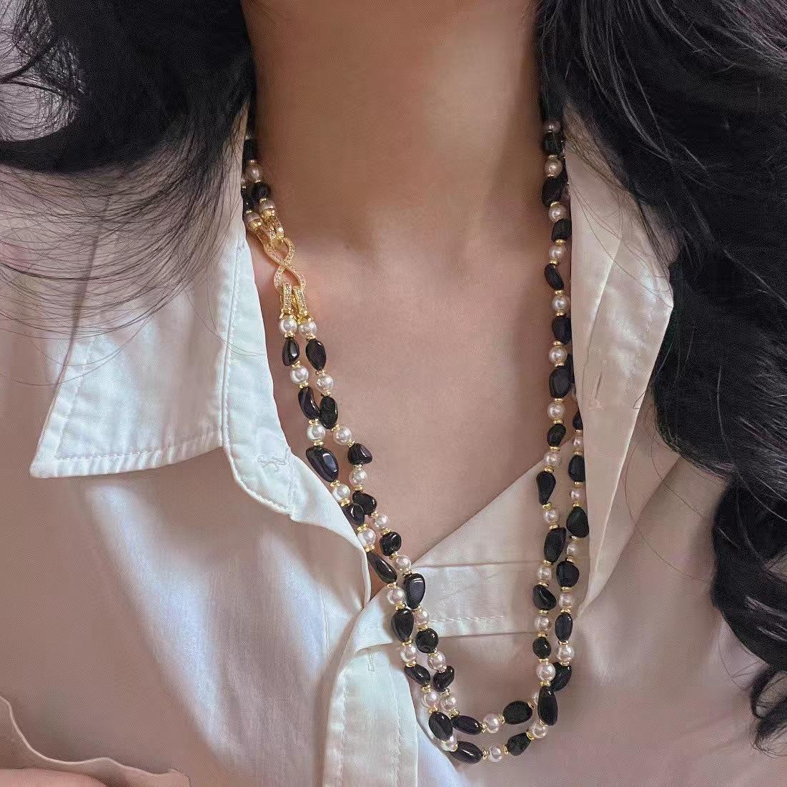 Vintage Natural Black Agate Artificial Pearl Contrasting Color Double Layer Sweater Chain Necklace