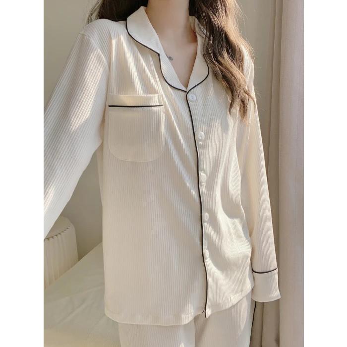 

Женские брюки с длинным рукавом, хлопковая пижама, Dormir Lounge Sleepwear, однотонная белая пижама для спальни, домашняя одежда, женская пижама M белый