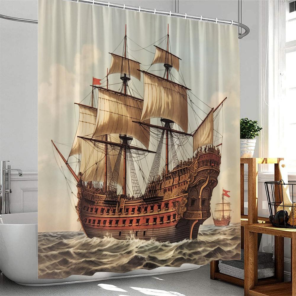 

Sailboat Vintage Shower Curtain Nautical Adventure Home Decoration For Bathroom Polyester Fabric Bath Curtain With Hooks W60H190(CM)-1 Pcs