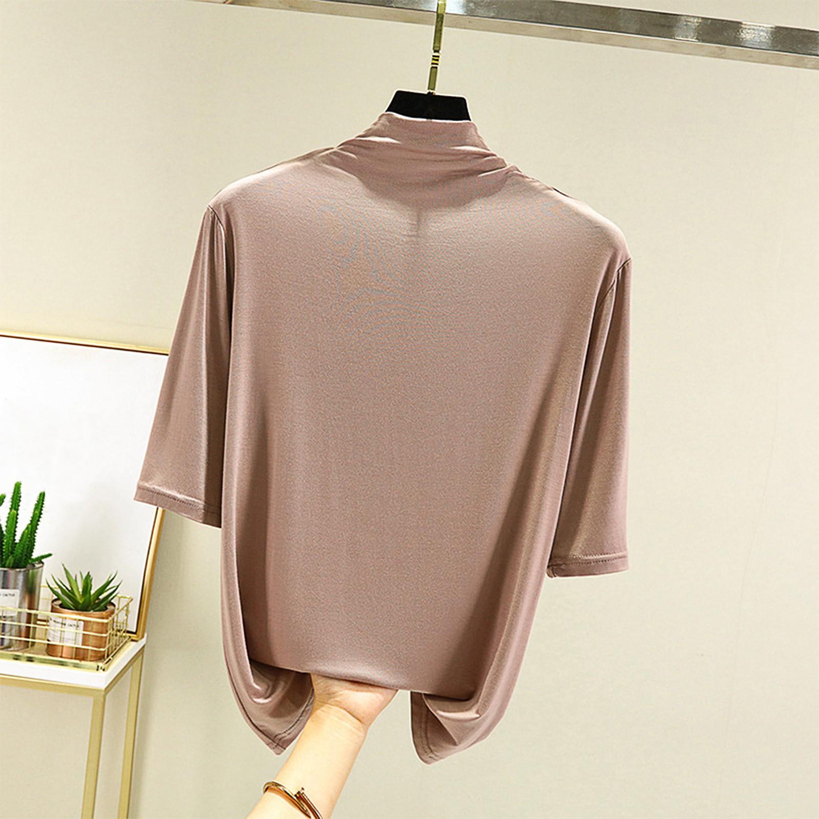 

Женская свободная повседневная футболка с короткими рукавами, женская тонкая модель, полувысокий воротник, внутренний слой, базовая рубашка, пижама XL кофейный