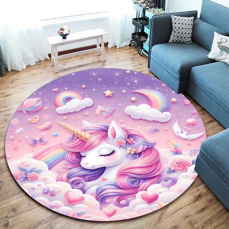 1Pc Cute Unicorn Circular Print Rug - Home Decoration Carpet For Living Room Bedroom Flooring Computer Chair Area Rug