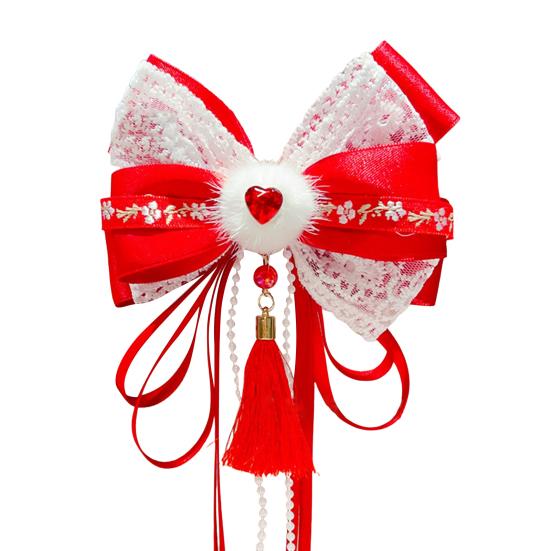 Chinese New Year Hairpin with Lace Rhinestones Bow Style Hair Pin with Tassels Design Festive Hair Accessory
