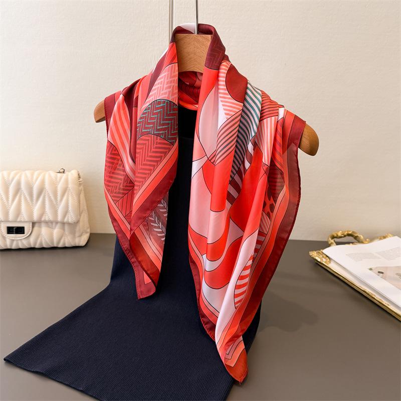 Fashion Luxury 70cm Square Silk Women's Scarf Geometry Printed Satin Scarves Daily Outfits Shawl Designer Headband Bandana