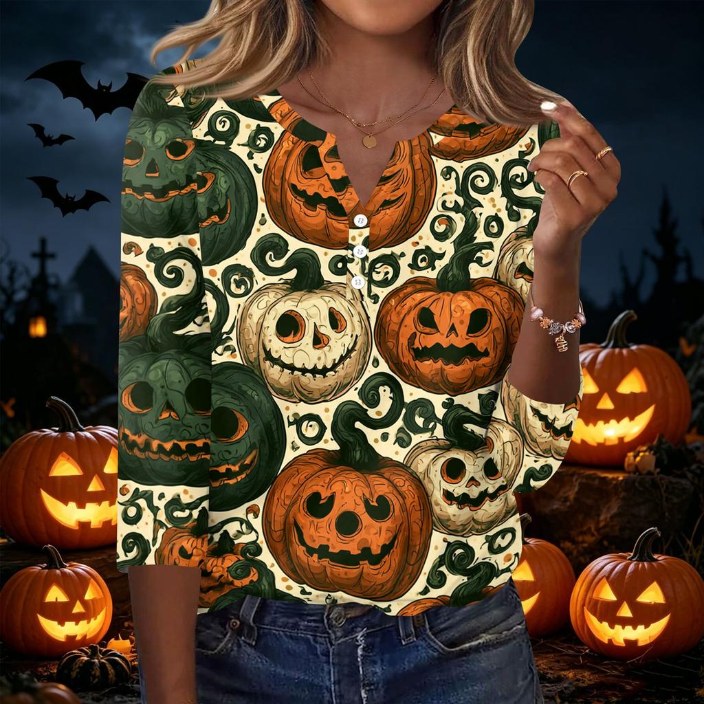 Women's Casual V Neck Button Front Halloween Print T Shirt Three Quarter Sleeve Top Lightweight Soft Fabric Comfortable Fit