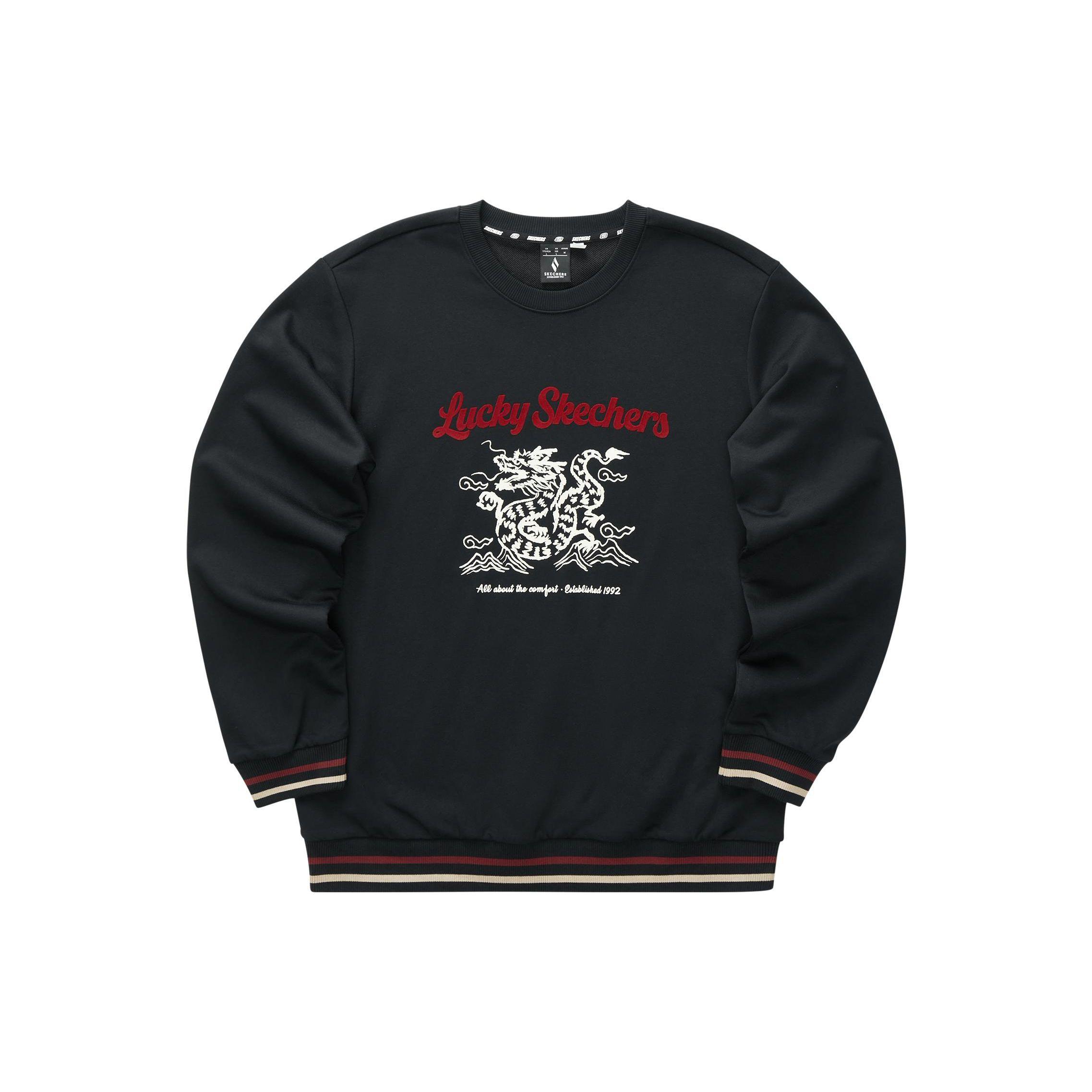 Skechers New Year Series Letter Dragon Pattern Printed Knit Crew Neck Sweatshirt Unisex sweatshirt Carbon-Black L124U052-0018 M