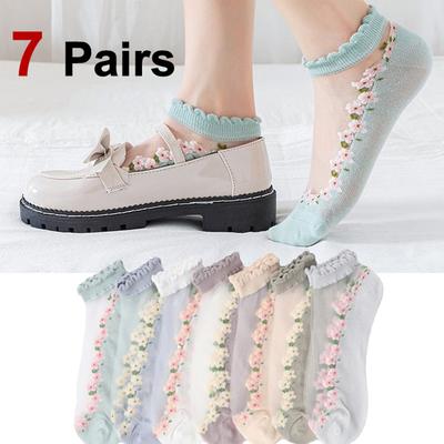 7 Pairs Women Floral Printed Transparent Socks Fashionable Cute Lace Sweat Absorbing Breathable Soft Comfortable Casual Socks