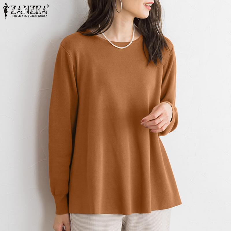 

ZANZEA Женские повседневные свободные блузки с круглым вырезом и длинными рукавами