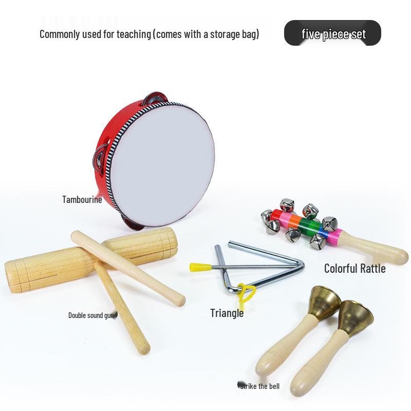 Children's Orff Percussion Instruments: Triangle, Castanets, Maracas, Tambourine, Wood Block, Cymbals