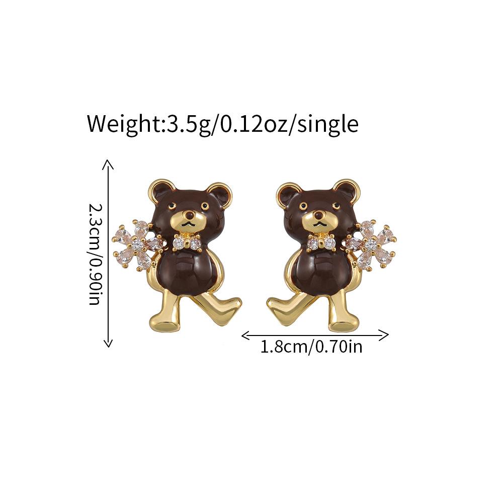 GEMCHIC Women s Cute Bear Stud Earrings with Enamel and Rhinestone Flower, S925 Silver Post Animal Earrings for Girls