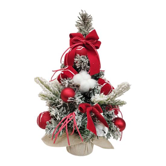 Snowy Mini Christmas Tree Small Tabletop Artificial Flocked Tree with Balls Bow And Cloth Bag Base for Home Office Desk Decor