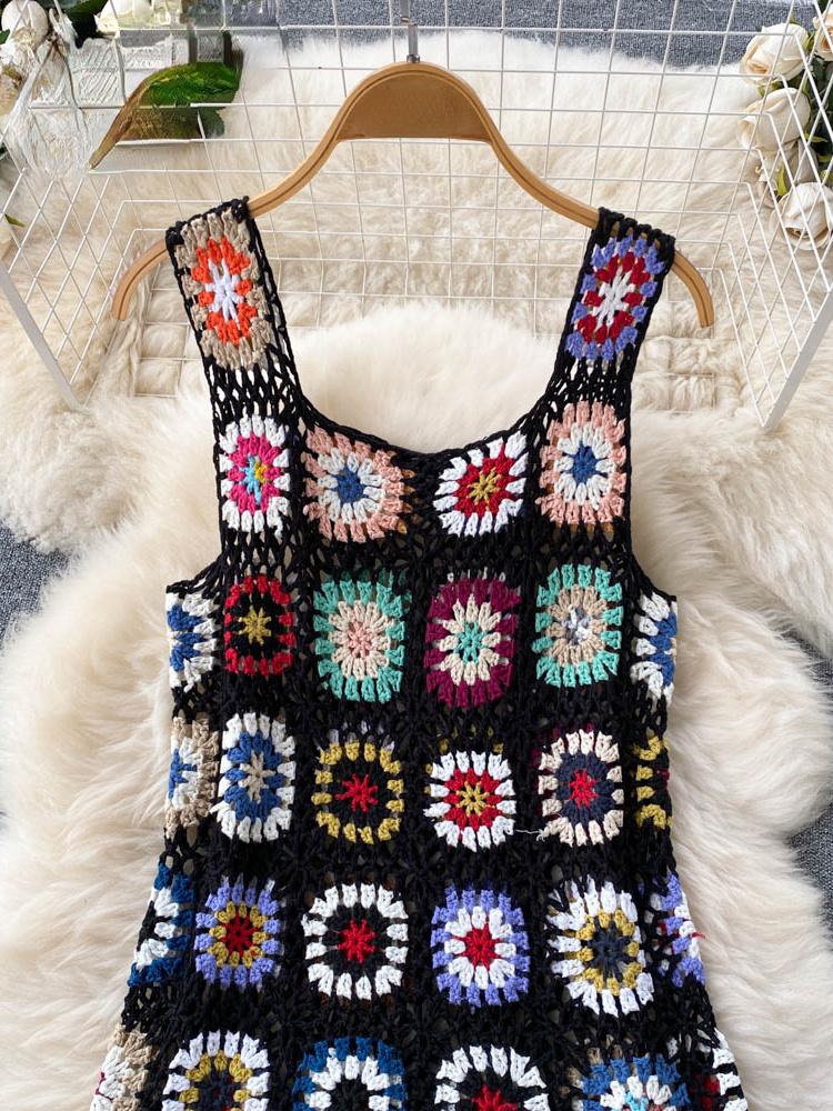 Vintage Embroidery Sunmmer Knitted Dresses Hook Flower Hollow Out Tassel Women Slim Dress Streetwear Fashion Design New Clothing