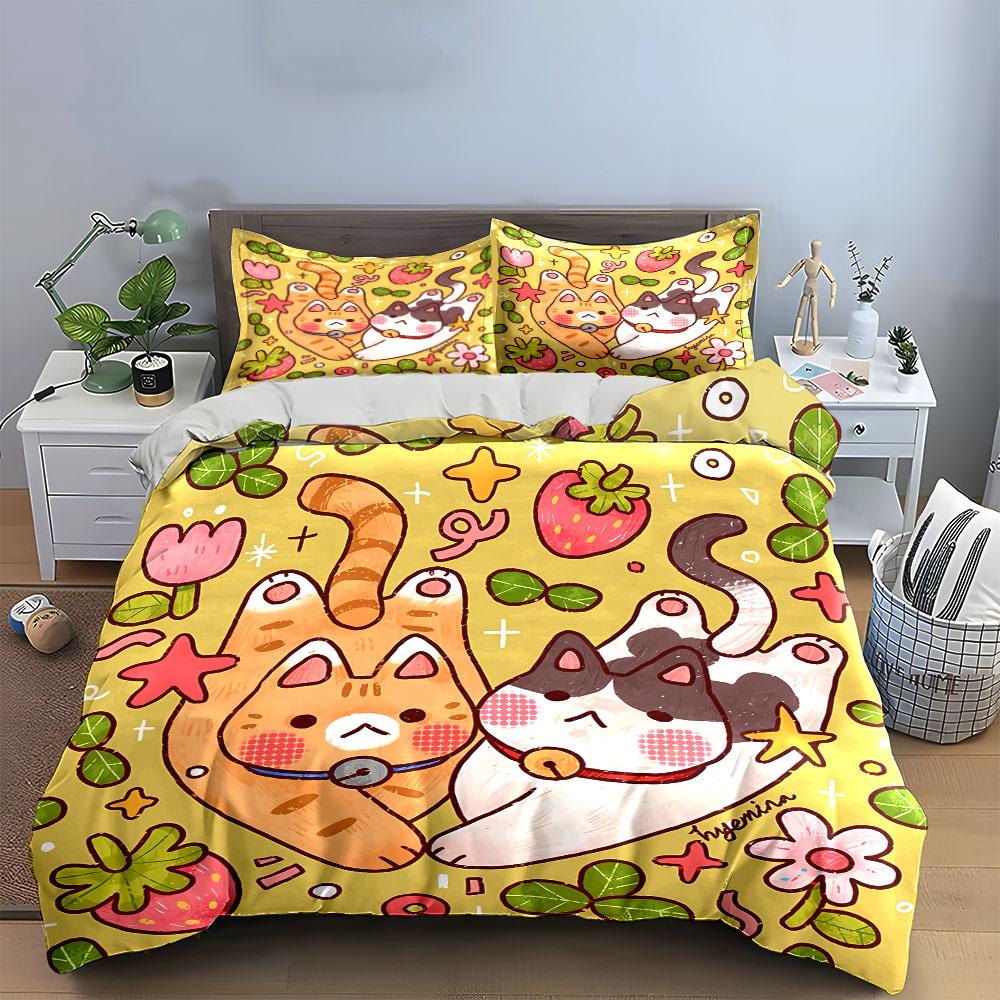 Cute Cats with Strawberries Pattern Bedding Duvet Cover Set Duvet Cover Pillowcases (1*Duvet Cover 2*Pillowcases, Without Duvet Insert)
