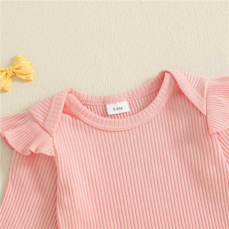 Autumn Fashion Newborn Baby Girls Clothing Set Solid Color Long Sleeve Ribbed Romper with Floral Print Overalls 2Pcs Outfit