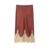 2025 Autumn European Style Women's Color Block Satin Skirt with Lace Trim