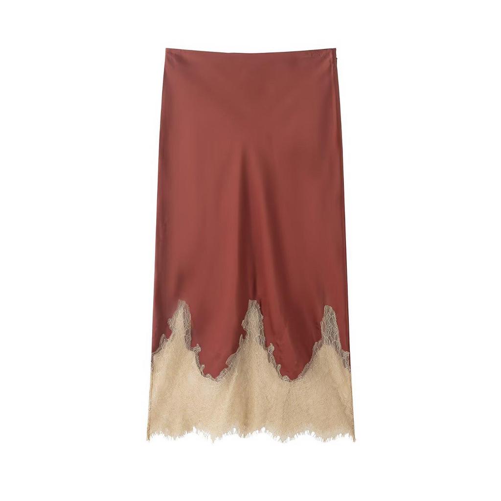 2025 Autumn European Style Women's Color Block Satin Skirt with Lace Trim