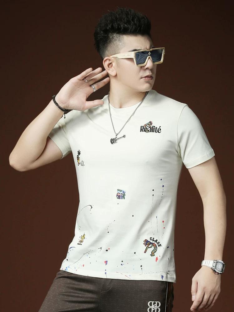 

European Trendy Brand Splash-Ink Embroidered T-Shirt for Men, Short-Sleeve, Summer 2025 New Style, Light Luxury Men s Round-Neck Half-Sleeve Tee 5XL (97.5-105kg) абрикосовый