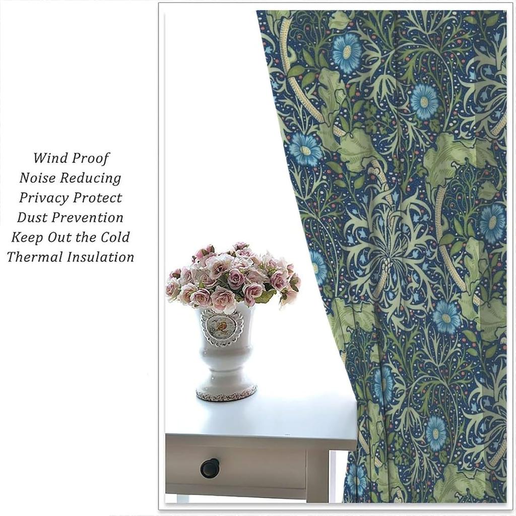 William Morris Floral Blackout Curtains   Country Farmhouse Flower Boho Retro Pattern Window Drapes   for Living Room Bedroom 21(W