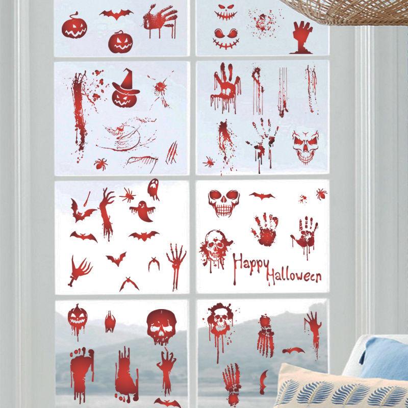 55 Halloween Sticker Patterns: Blood Handprints & Skulls Self-Adhesive Wall Decorations