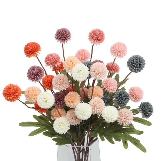 Faux Silk Pompon Mum Artificial Flowers 5 Heads Autumn Ball Chrysanthemum