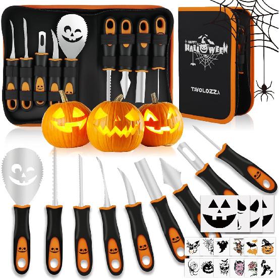 Tavolozza Fine Arts Professional Pumpkin Carving Kit, 26 PCS Heavy Duty Stainless Steel Tools with 9 Knives, Saw & Scoop, Halloween Carving Set with