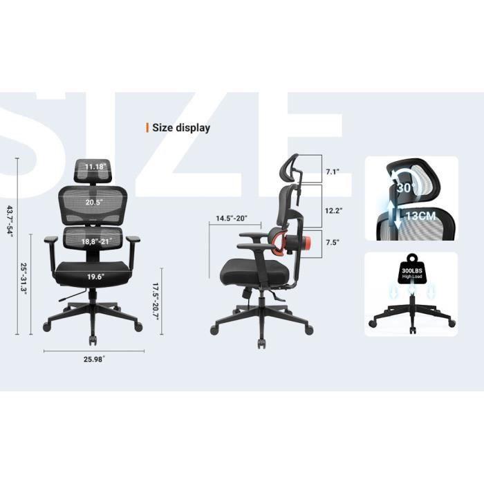 Chaise de bureau ergonomique - Newtral - Dossier haut - Support lombaire réglable - Accoudoirs 3D